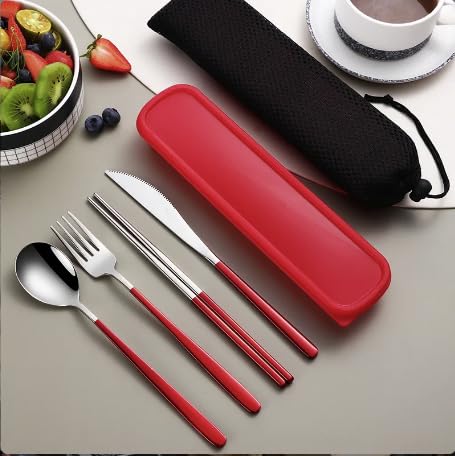 6 Pcs Portable Stainless Steel Flatware Set, Travel Reusable Utensils Set Cutlery Set Including Knife Fork Spoon Chopsticks Carry Case for School, Office, Camping, Picnic (Black)