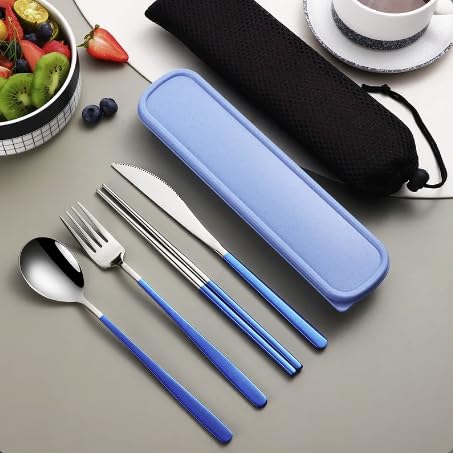 6 Pcs Portable Stainless Steel Flatware Set, Travel Reusable Utensils Set Cutlery Set Including Knife Fork Spoon Chopsticks Carry Case for School, Office, Camping, Picnic (Black)