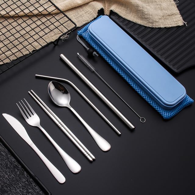 Generic Stainless Steel 8-Piece Travel Utensil Set with Organizer Bag, Cutlery for Camping, Picnics and Outdoor Activities (Black), Regular, PortableUtensils9Pcs