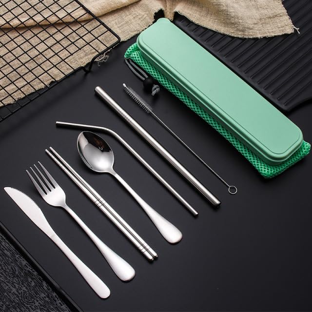 Generic Stainless Steel 8-Piece Travel Utensil Set with Organizer Bag, Cutlery for Camping, Picnics and Outdoor Activities (Black), Regular, PortableUtensils9Pcs