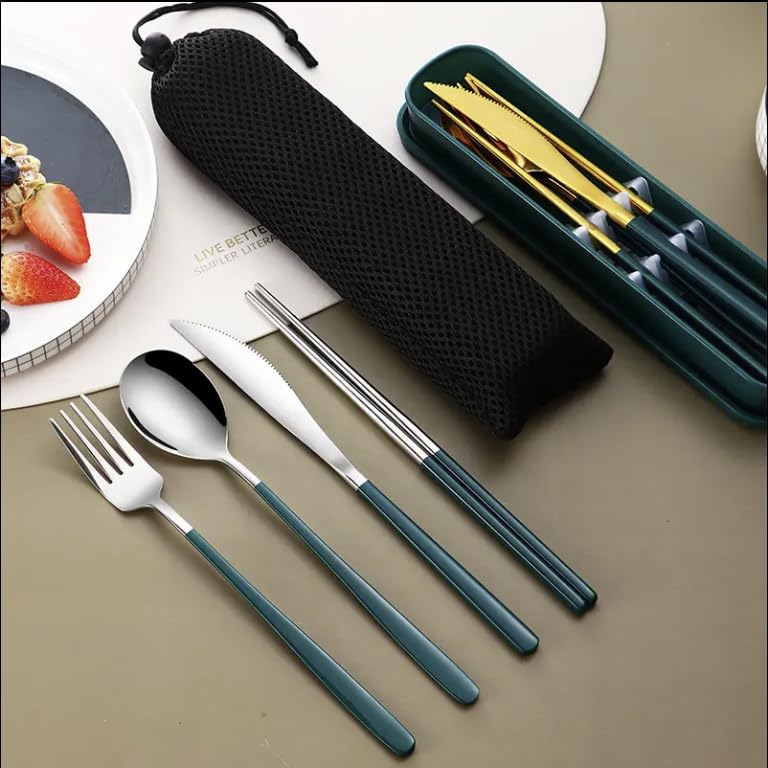 6 Pcs Portable Stainless Steel Flatware Set, Travel Reusable Utensils Set Cutlery Set Including Knife Fork Spoon Chopsticks Carry Case for School, Office, Camping, Picnic (Black)