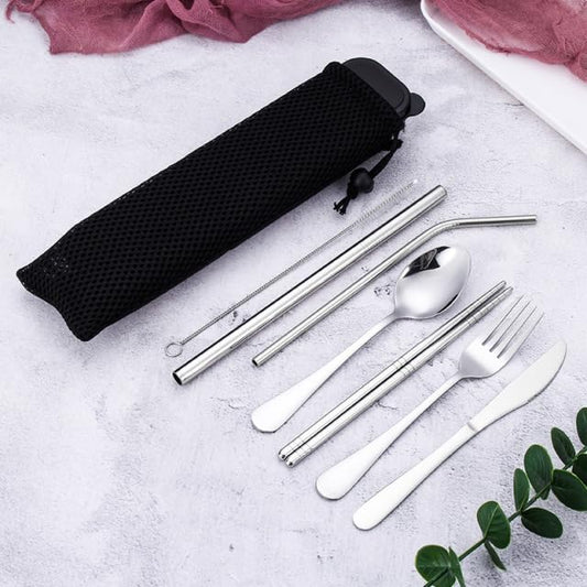 Generic Stainless Steel 8-Piece Travel Utensil Set with Organizer Bag, Cutlery for Camping, Picnics and Outdoor Activities (Black), Regular, PortableUtensils9Pcs