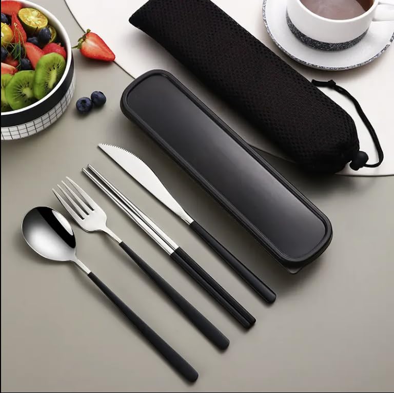 6 Pcs Portable Stainless Steel Flatware Set, Travel Reusable Utensils Set Cutlery Set Including Knife Fork Spoon Chopsticks Carry Case for School, Office, Camping, Picnic (Black)