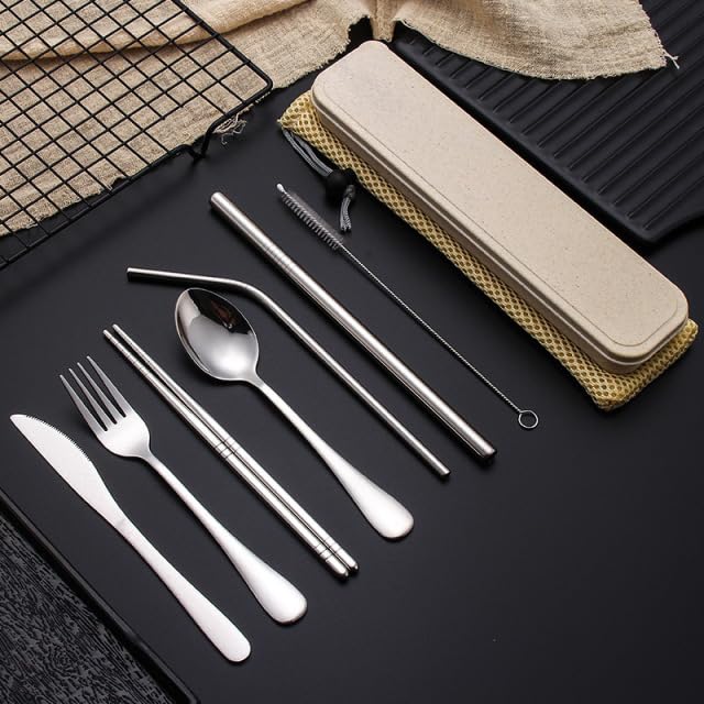 Generic Stainless Steel 8-Piece Travel Utensil Set with Organizer Bag, Cutlery for Camping, Picnics and Outdoor Activities (Black), Regular, PortableUtensils9Pcs