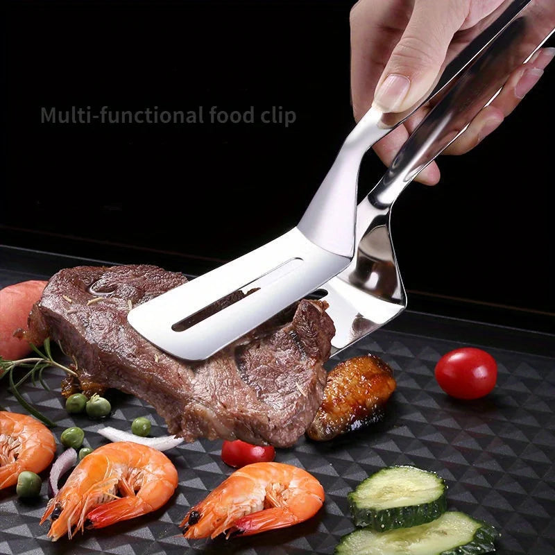 Professional Stainless Steel Food Turner & Tongs, Non-Slip Heat Resistant for Grilling Steak Fish, Multi-Purpose Kitchen Flipper Tool